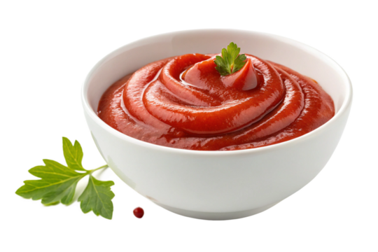 Creamy red ketchup in white bowl, perfect for dipping and enhancing meals. This vibrant condiment adds flavor and color to various dishes
