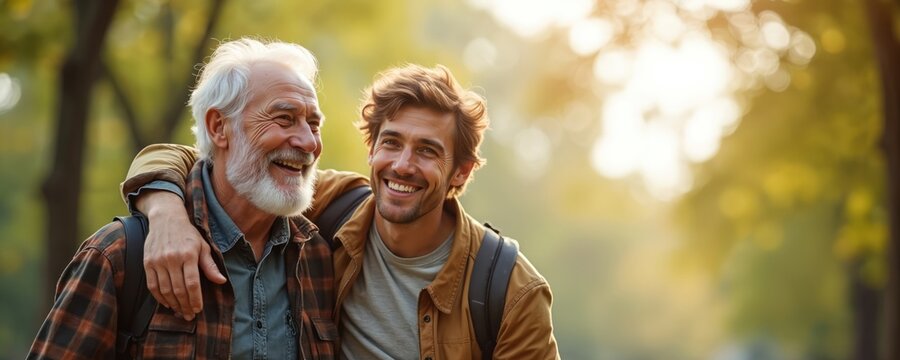 Happy senior father with adult son embracing outdoors. Elderly old man and hipster son are together, walking, enjoying day in nature. Smiling, talking. Family love, bonding. Retirement, grandfather.