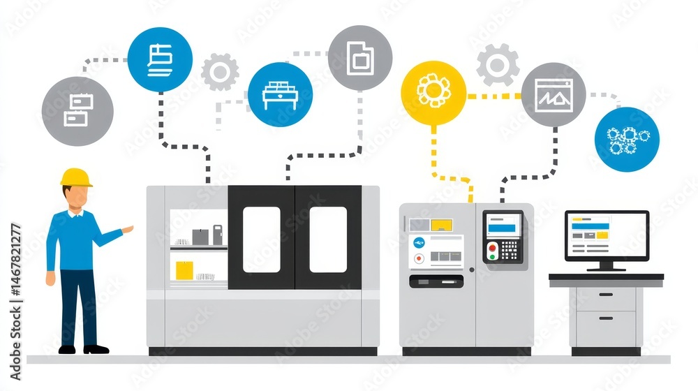 Poster integrated manufacturing system workflow - illustration of a streamlined manufacturing process, show
