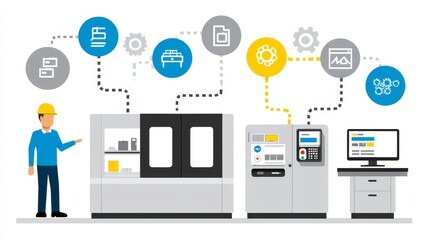 Integrated Manufacturing System Workflow - Illustration of a streamlined manufacturing process, showcasing automated machinery, data integration, and efficient workflow