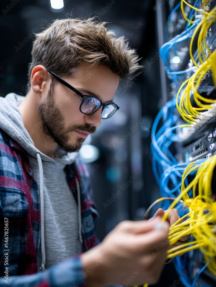 Poster it technician working on server network - a focused it technician meticulously connects network cabl
