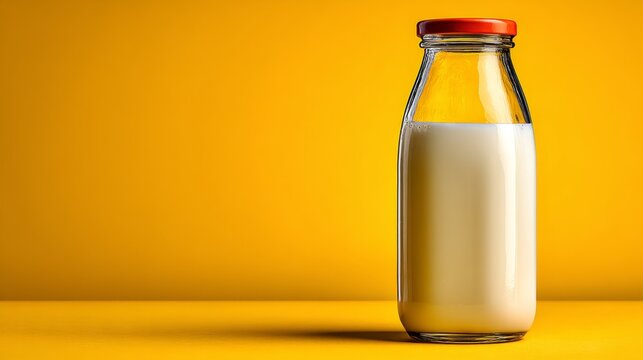 Glass bottle filled with milk against bright yellow background on table surface.