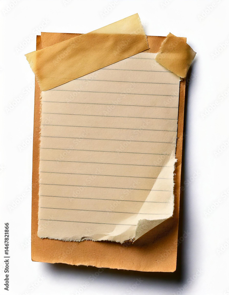 Aufkleber lined paper with torn edges and tape on brown card. blank beige page for custom message or graphic d
