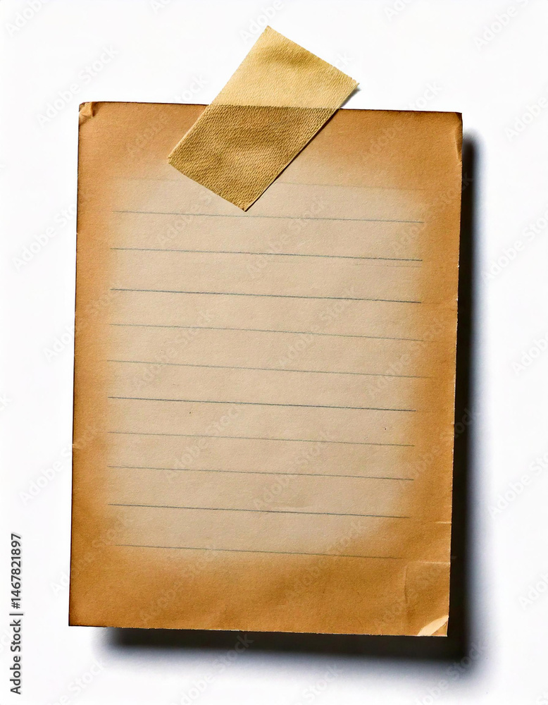 Poster old lined paper sheet with aged edges and tape. vintage page for notes or messages.