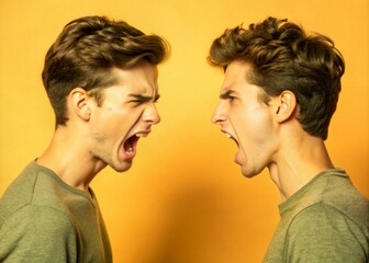 Fototapeta premium Identical Twin Brothers Arguing Intensely Face to Face Yellow Background Studio Portrait