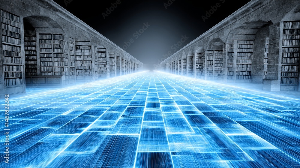 Poster library pathway - a futuristic pathway of glowing blue tiles leads between ancient library walls, sy