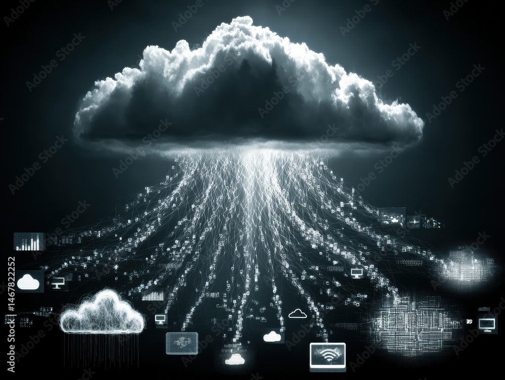 Poster Digital Cloud Computing Concept with Data Flow and Technology Icons