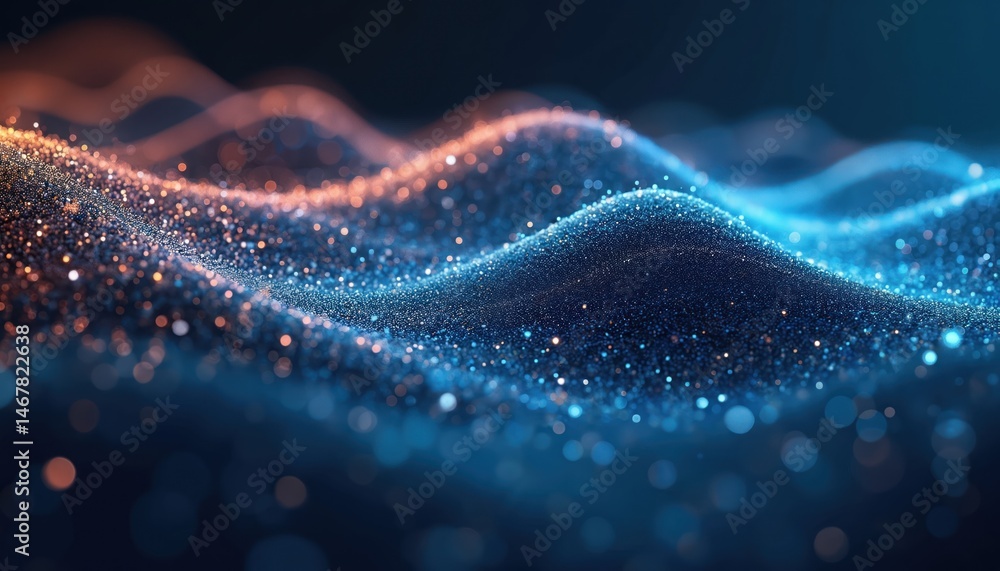 Poster abstract futuristic background with flowing particles, a digital wave blending shades of blue and or