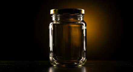 Empty glass jar with a golden lid illuminated against a dark background