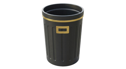 Isolated Sleek Black Trash Can with Gold Trim