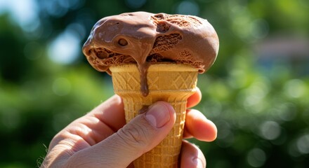 Hand holding a double scoop chocolate ice cream cone against a blurred background.