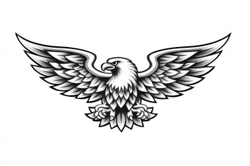 Majestic Eagle Wings Spread - A grayscale illustration of an eagle with wings spread wide, showcasing its powerful presence