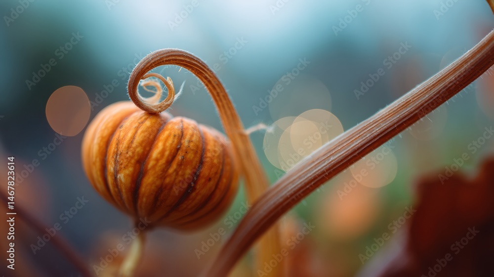 Poster close-up of a pumpkin stem with a swirling tendril and a soft, blurred background creating a warm au