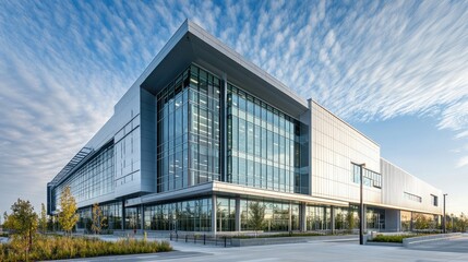Obraz premium Modern Glass and Metal Office Building Exterior at Sunrise