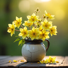 Bright Yellow Daffodils in Ceramic Vase on Wooden Table at Sunset