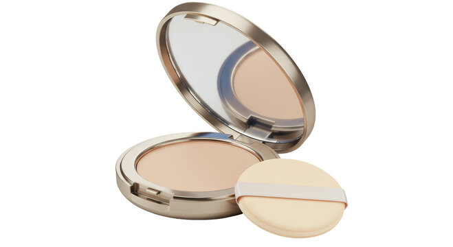 Isolated Beige Powder Compact with Mirror and Puff