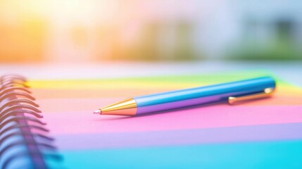 A close up of a colorful notebook with a pen resting on top, ready for a creative writing session.