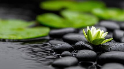 Serene water lily blooming on smooth stones amidst tranquil water and green lily pads
