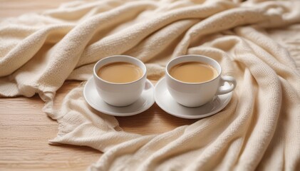 White coffee cup rests on a cream knit throw, light wood surface , still life, white, home