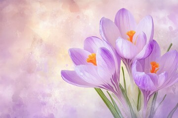 Obraz premium Delicate purple crocuses on a soft pastel background.