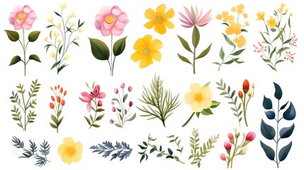 Obraz premium Vibrant Floral Set: Colorful Collection of Floral Patterns and Leaves for Design Projects