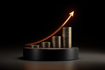 A sleek, modern image showcasing stacks of neatly arranged golden coins on a matte black pedestal.