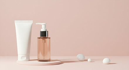 Elegant minimalistic arrangement of beauty products on soft pink background