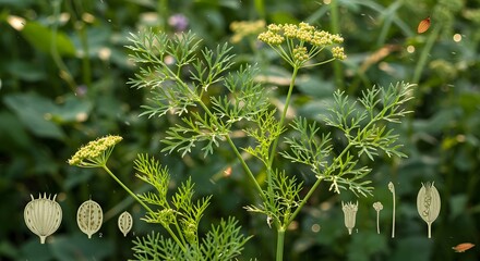 Close up of dill plant with green leaves and yellow flowers with seed illustrations