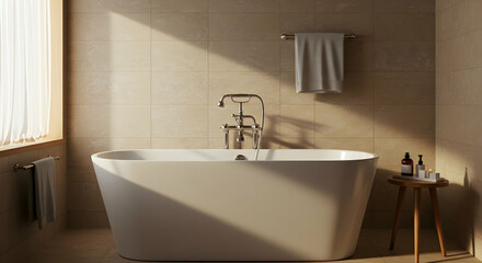 Fototapeta premium Modern Minimalist Bathroom with Stylish Bathtub and Natural Light