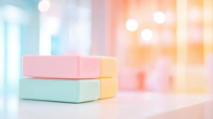 Colorful products stacked neatly on a countertop, ready for purchase in a trendy boutique.