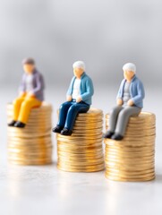 Retirement Savings Plan - Three miniature retirees sit atop stacks of gold coins, symbolizing financial security and retirement planning
