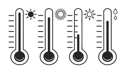 ThermometerVector, Black & White Temperature Measurement with Sun Symbols