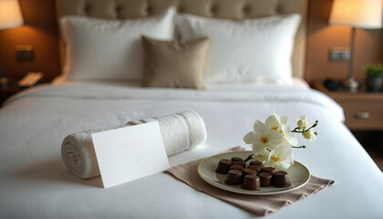 Neatly made hotel bed with welcome note, chocolate candies, orchid flowers, towel. Modern interior, cozy room. Ideal for hotel advertising, hospitality, travel, vacation, leisure, accommodation,