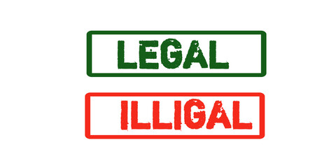 Legal and Illegal Stamp Icons – Red and Green Grunge Labels for Law, Policy, and Regulation Use