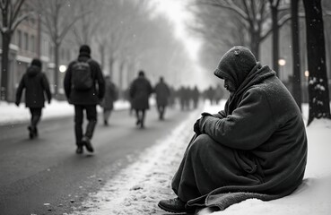 Homeless man sits alone cold winter street, wrapped threadbare blankets. Passersby walk, city life. Wintertime, social issue, poverty concept, economic crisis, human condition.