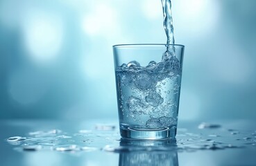 Fresh water pours into glass. Crystal clear liquid creates splash, bubbles. Refreshing beverage. Hydration theme. Healthy drink for thirst quenching. Isolated against soft blue background.