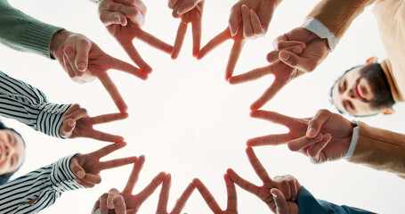 Star, hands and business people with teamwork, support or collaboration below. Community, group or...