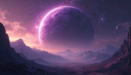 Illustration of majestic space scene with big purple planet, planets, stars, galaxy. Scenic landscape with mountains, river. Artistic wallpaper for desktop, media. Ideal space art for design.