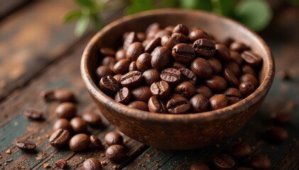 Fototapeta premium Deep roasted Balinese coffee beans in rustic bowl, rustic, texture, intense