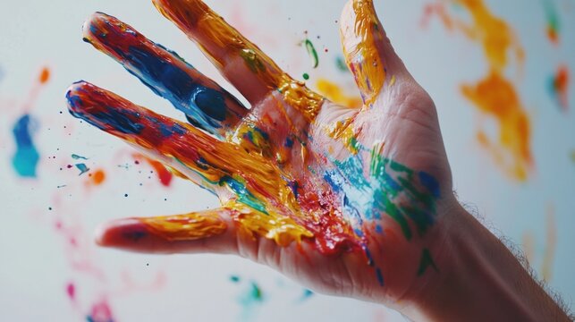 Colorful hand covered in vibrant paint splatters
