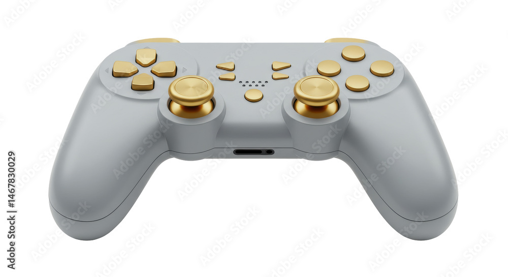 Poster isolated gray and gold gaming controller with round buttons