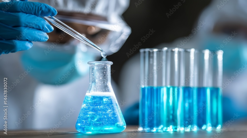 Poster scientific research and experimentation - close-up of a scientist's hands carefully adding a blue li