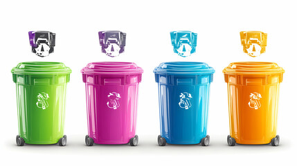 Four colorful recycling bins with wheels and recycling symbols