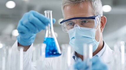 Fototapeta premium Scientist Examining Blue Liquid in Lab - A scientist in a lab coat and protective gear carefully examines a flask of blue liquid, conducting scientific research