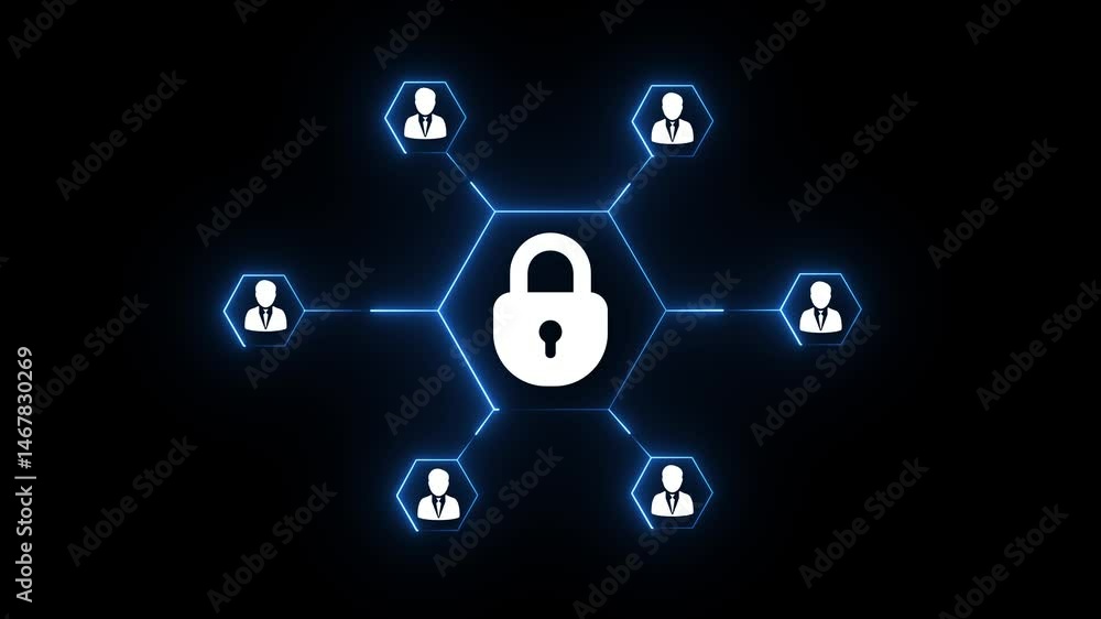 Poster cyber security lock icon isolated on dark background. futuristic digital security concept with a glo