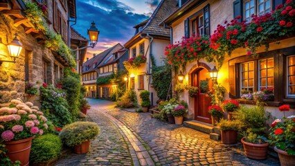 Naklejka premium Tranquil European Village Evening: Charming Street Scene Photography