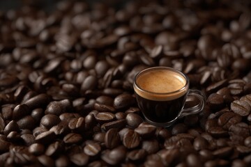 Fototapeta premium Espresso shot on roasted coffee beans.
