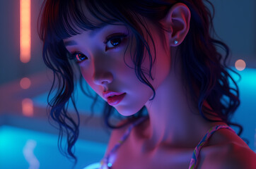 Naklejka premium Cute girl in the pool at night in neon light.generative ai