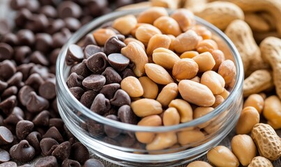 Chocolate chips and peanuts in a bowl, close-up food photography for recipe blogs or packaging
