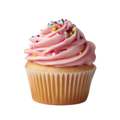 Pink cupcake with swirl frosting and sprinkles. Perfect for birthday or special occasion parties. Close up image of a vanilla cupcake with pink buttercream frosting and colorful sprinkles.